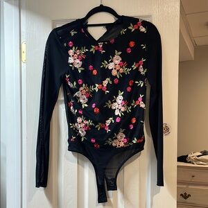 Bebe Black Bodysuit with Colorful Floral Embroidery